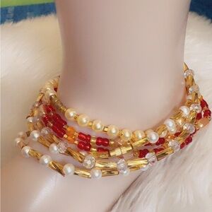 Elegant Gold and Red Beaded Bracelet Set